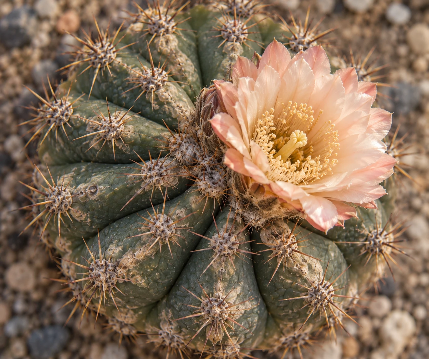 Cactus van bovenaf met een grote zalmroze bloem
